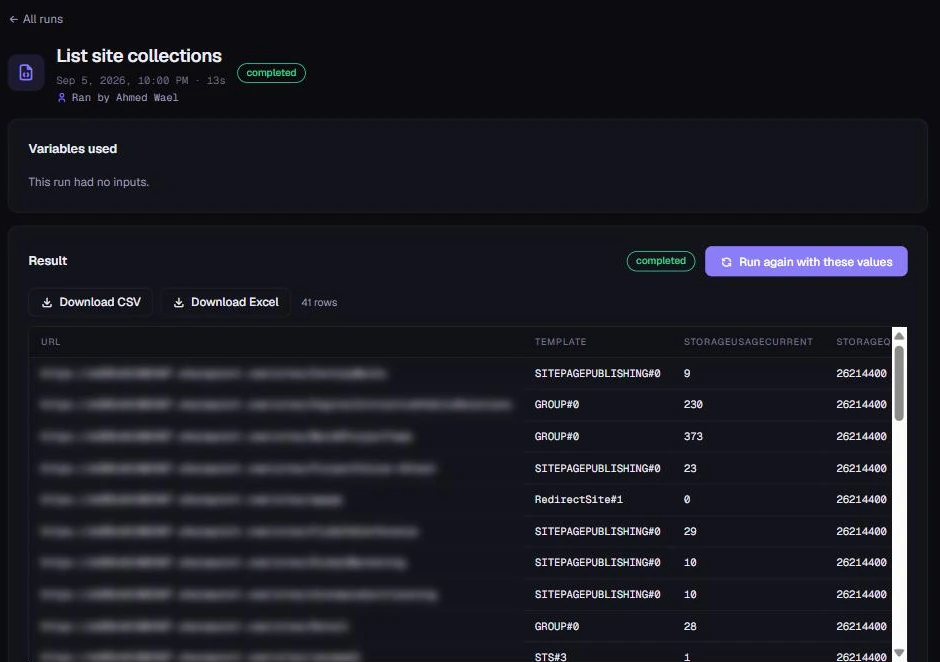 A completed List site collections run in The Global Assistant, showing the result table with a row per site and CSV and Excel download buttons.